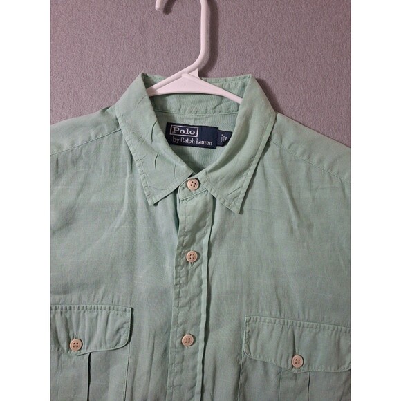 Vintage Polo Ralph Lauren Linen Blend Shirt Men Large Green Seafoam  Roll Tab - Picture 4 of 10